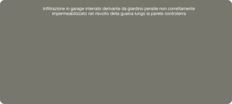
Infiltrazione in garage interrato derivante da giardino pensile non correttamente
impermeabilizzato nel risvolto della guaina lungo la parete controterra