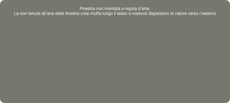 
Finestra non montata a regola d’arte.
La non tenuta all’aria della finestra crea muffa lungo il telaio e notevoli dispersioni di calore verso l’esterno 